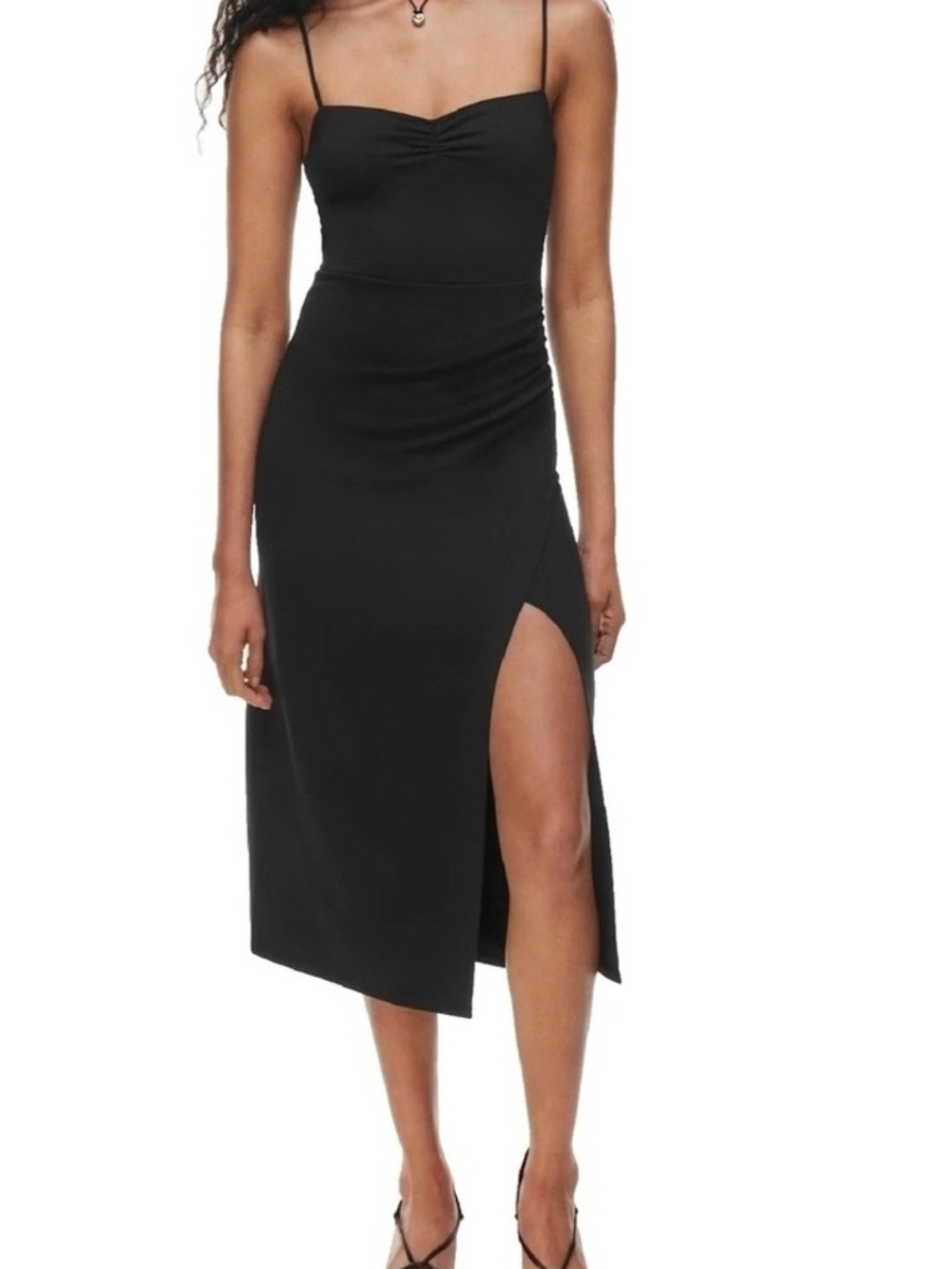 Wilfred Black Midi Dress with Spaghetti Straps and High Side Slit